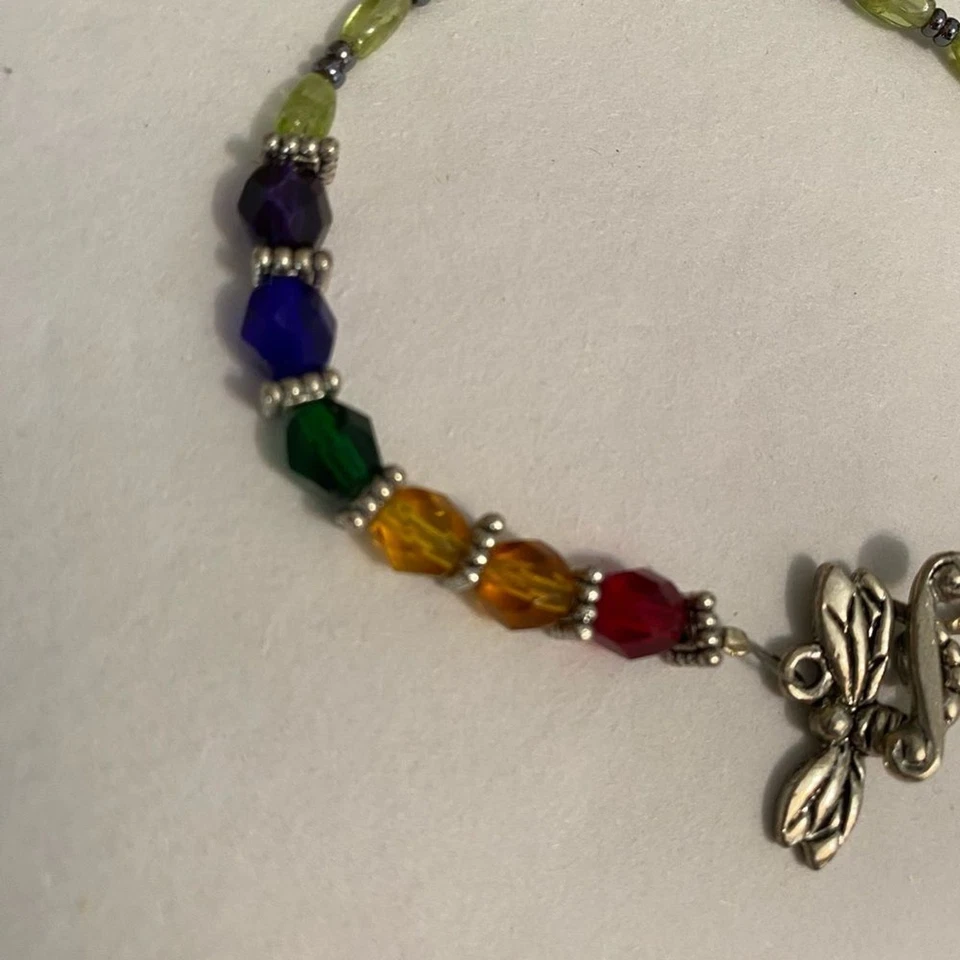 Peridot and Swarovski Crystal Beaded Bracelet with Silver Dragonfly Charm, 8 in - Image 3 of 4