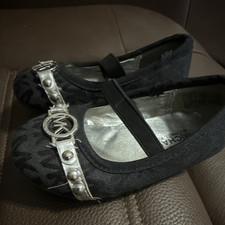 Michael Michael Kors Girls Black Mary Jane Flats Logo Silver Accents Size 6