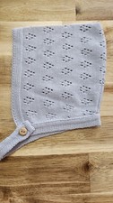 Handmade Baby Bonnet 6 Months Gray Eyelet Knit Hat Vintage Style w/ Button Strap