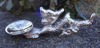 Silver Metal Oriental Dragon Chopstick Rest and Open Salt Dip, Cellar, Dish!