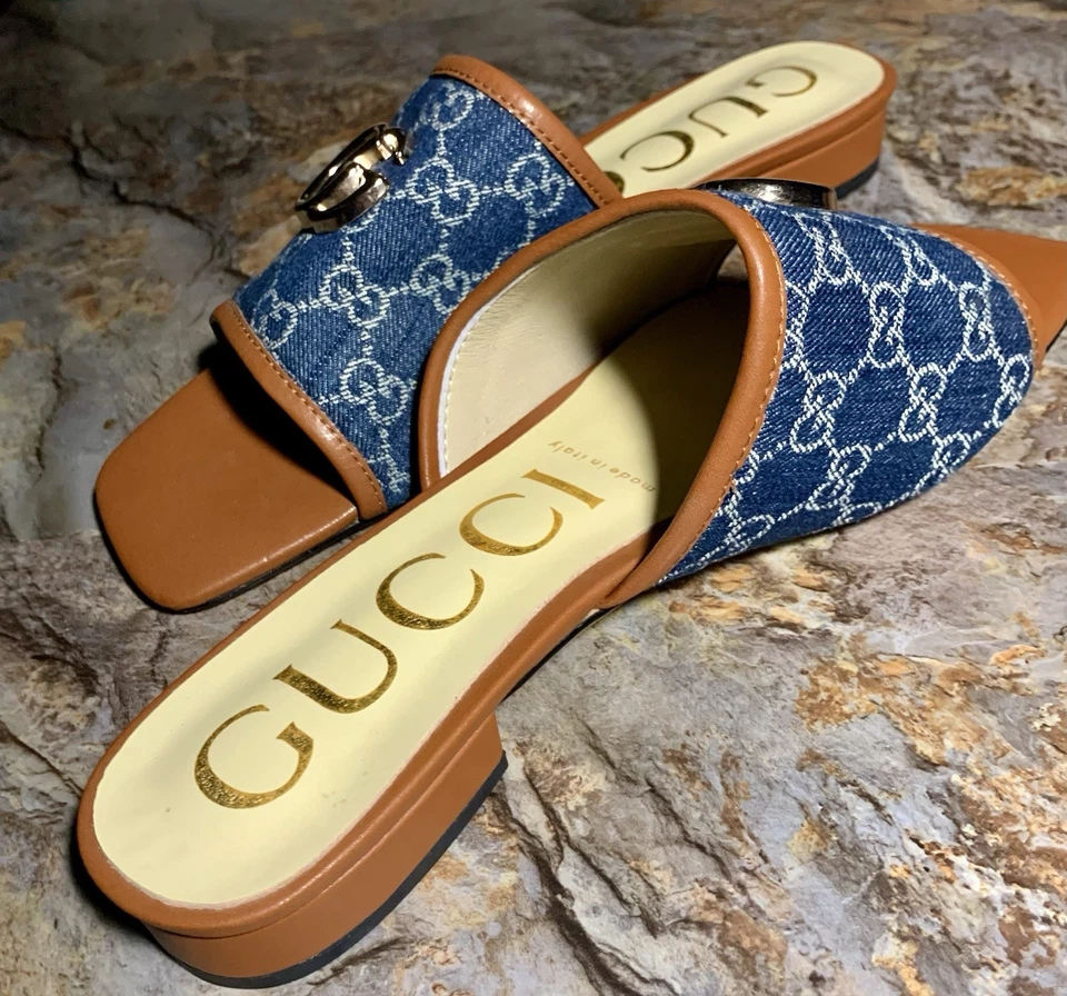 Sandalias GUCCI Marmont Jolie Slide Talla 41 EE. UU. 21 Planas Azul GG Monograma Mules Foto 4 de 4