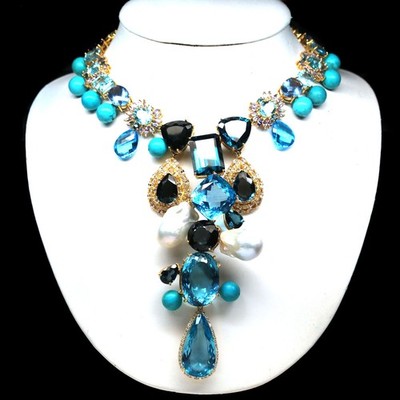 PNG Sterlingsilber Kette Collier mit Blue Topaz, Perle, Türkis, Fluorit