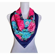 Vtg Glentex Scarf Pink Aqua Navy Mod Floral 30" Square Cottage Romantic Career