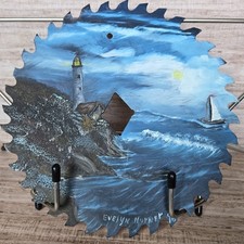 Vintage 7" Circular Saw Blade Handpainted Lighthouse, Sailboat, Sunset, Waves