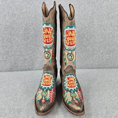 Tanner Mark Boots Womens 7.5 Live Your Dream Dreamcatcher Boho Embroidered Snip