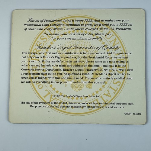 1997 Reader’s Digest Solid Brass Presidential Coins New on Card Mint Washington - Picture 2 of 9