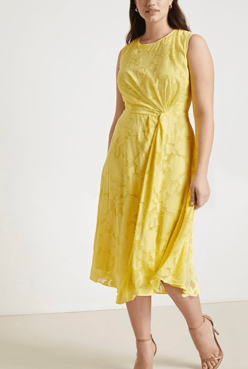 Jason Wu / Eloquii yellow twist front fit and flare dress 16