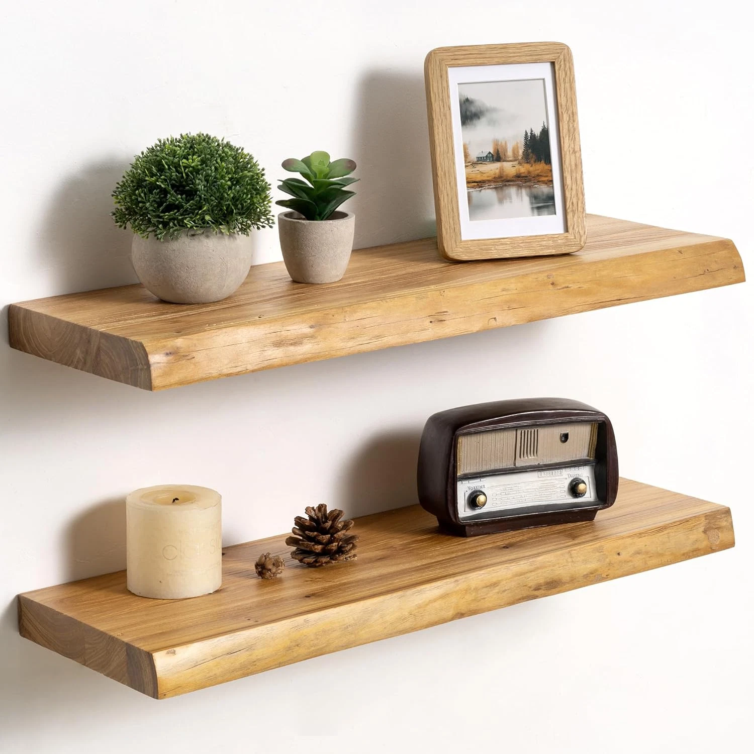 Rustic Solid Elm Live Edge Floating Shelves Set of 2 for Home Decor