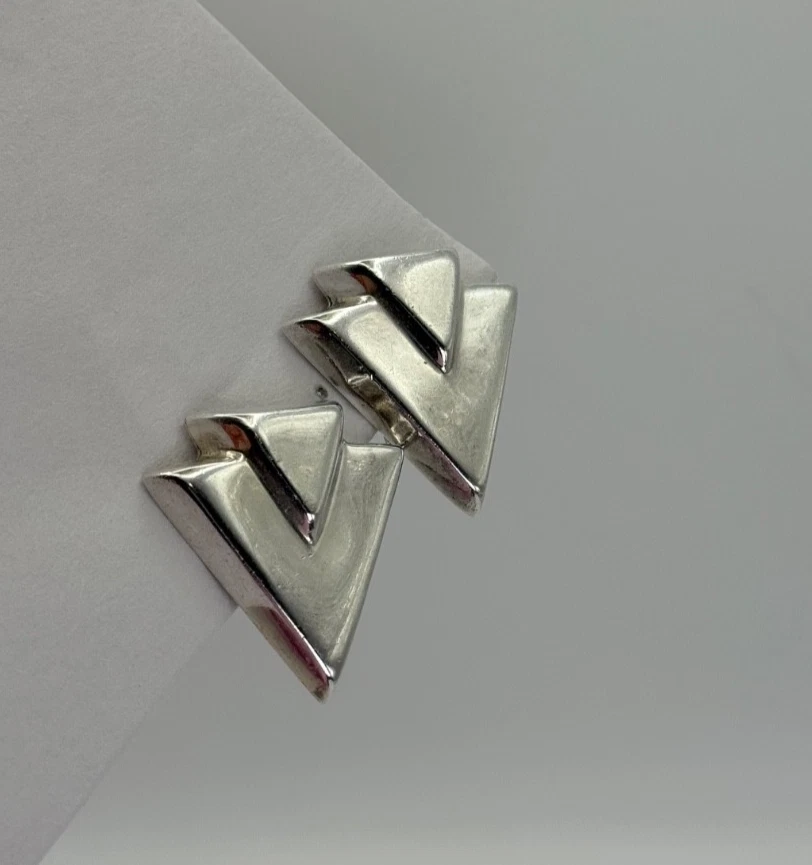 Zina Sterling Silver 925 Modernist Chevron Earrings 2", Pierced Omega Backs - Image 2 of 4