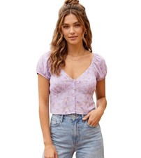 Pink Rose Lavender Floral Crop Top Puff Sleeve Smocked Back Coquette Size S