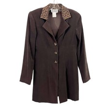 Vintage Brown Leopard Trim Longline Jacket Trench Coat Y2K 90s - Size 3/4