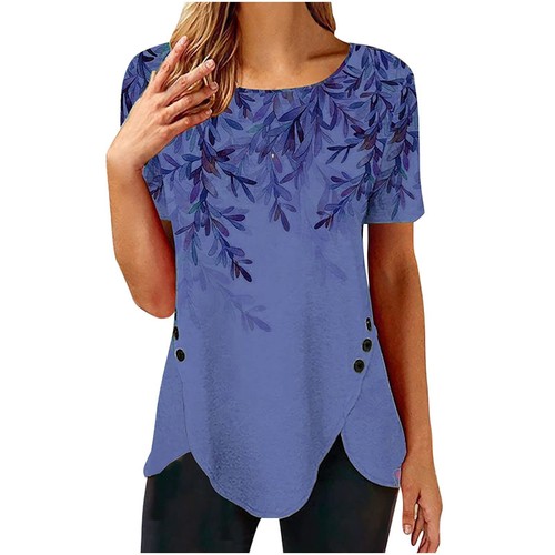 Summer Women's Round Neck Shirts Flower Print Irregular Loose Casual Tops - Picture 29 of 42