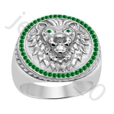 0.40 Ctw Lab Created Emerald 14K White Gold Over Wedding Lion Men's Ring