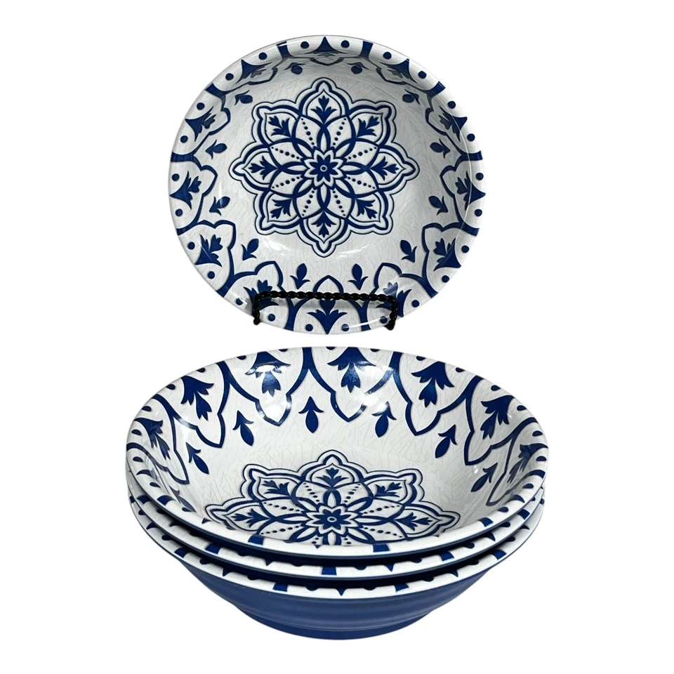 Juego de 4 platos y 4 cuencos de melamina floral azul y blanco EXCELENTE Foto 3 de 4