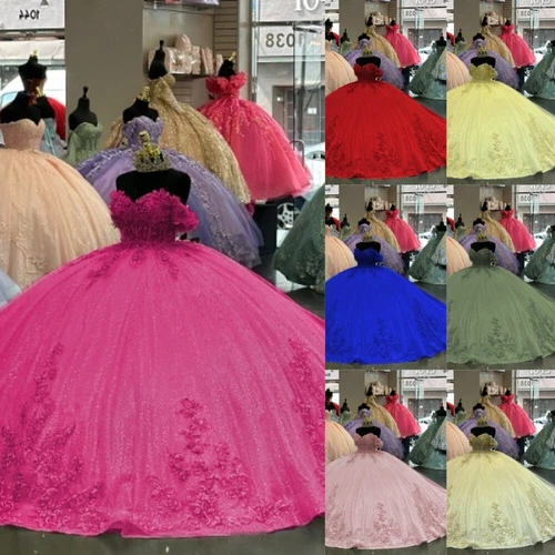 Quinceanera Dress 3D Flower Off Shoulder Glitter Party Princess Girl Ball Gown