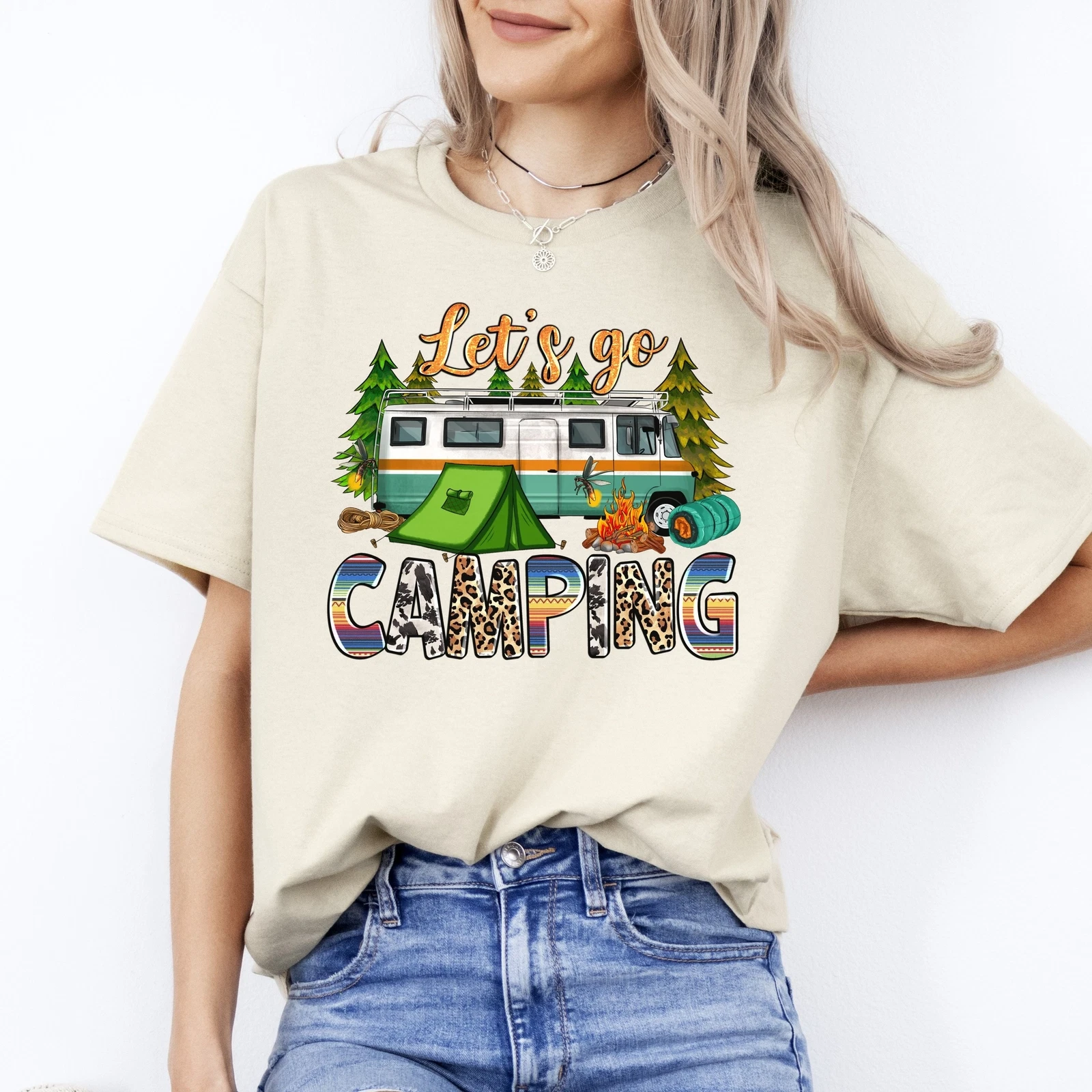 Lets go camping T-Shirt gift Summer camp tent fire mosquitos Unisex Tee Sand Whi