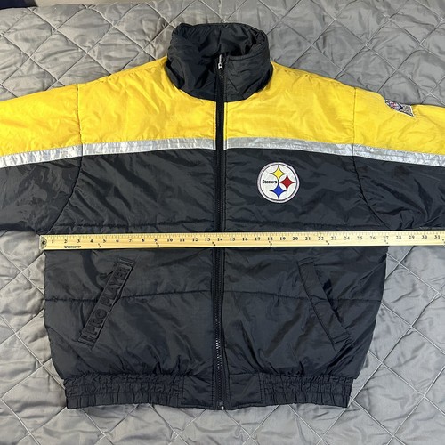 VINTAGE Pittsburgh Steelers Jacket Mens XL Black Yellow Reversible Puffer NFL - Picture 21 of 22