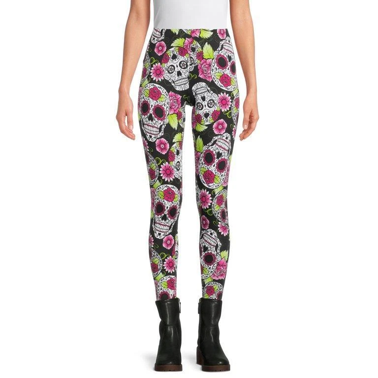Леггинсы для подростков без границ розовые и зеленые с цветочным рисунком с черепом большие - Изображение 3 из 4