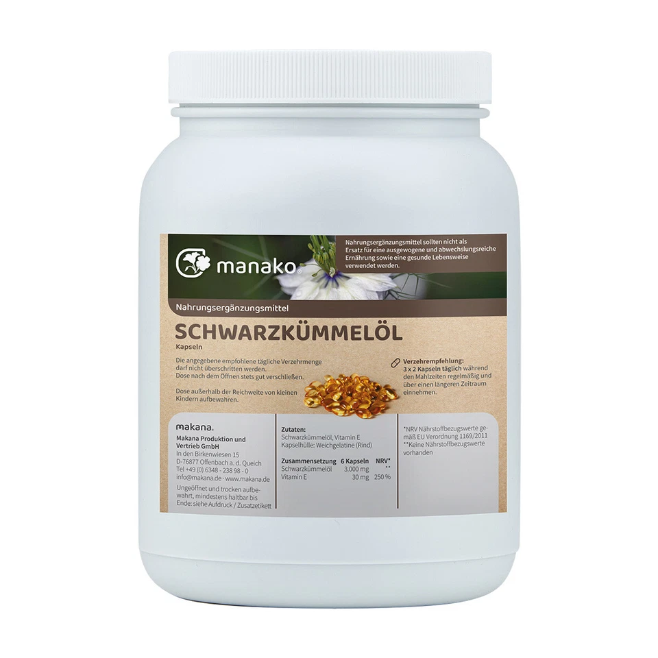 manako Schwarzkümmelöl Kapseln, 1250 Stück, Dose a 956 g - Familienpackung