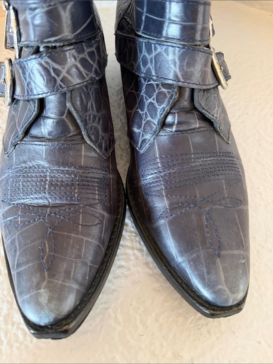 Toga Pulla Blue Croc Embossed Four Buckle Western Ankle Boots EU 38 View 5