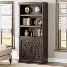 Image of Bookcase with Doors and Cabinet 5-Tier Bookshelf with Wide Open Shelves
