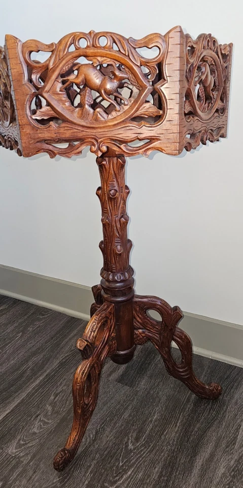 Ornate Black Forest Style Carved 37" Tall Pedestal Table w/ Deer Carvings - Image 2 of 4