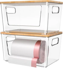 2 Pack Trash Bag Holder with Bamboo Lid, Stackable Trashbag Dispenser, Extra Lar