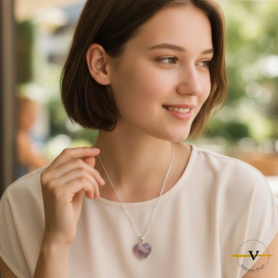 COLLANA DONNA  ARGENTO 925 RODIATO PIETRA NATURALE AMETISTA FORMA DI CUORE - Immagine 2 di 4