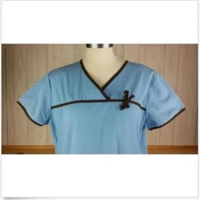    Cherokee Blue Scrub Top  Ribbon  Ringer Detail  Tie-Back   Women's Small