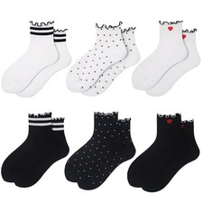 MarJunSep Cute Striped One Size, 6 Pairs White Black Socks Heart Dots