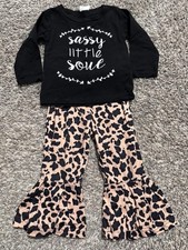 Girls Leopard Print Ruffle Pants Set with Black Long Sleeve Top 2 Piece Outfit