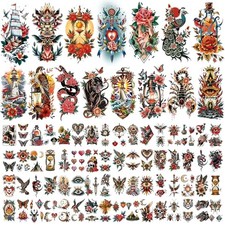 79 Sheets Classic Temporary Tattoos for Adult Women Men, American Old School