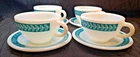 1970s Pyrex Teal Leaf Coffee Cup & Saucer Set Lot of 4 Milk Glass Vintage