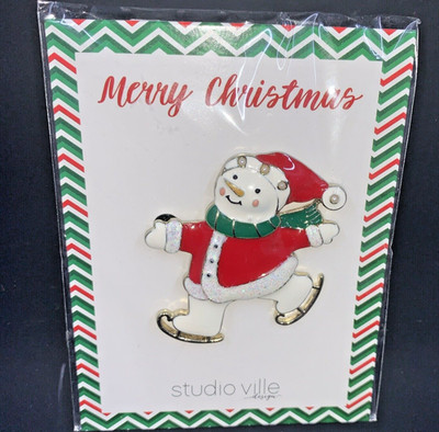 Gold Tone and Enamel Festive Skating Snowman Brooch Studio Ville Design Pin