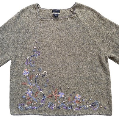 Sigrid Olsen Sport Sweater WmnXL Olive Purple Embroidered Floral Knit EXCELLENT