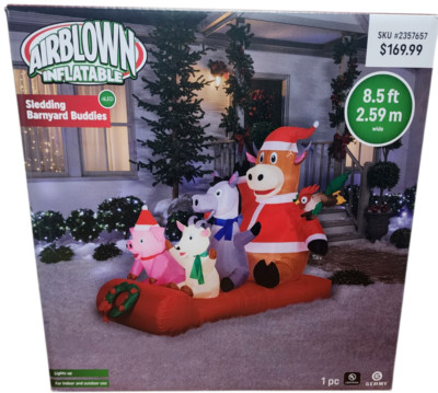 Gemmy Inflatable Sledding Barnyard Buddies 8.5' wide Pig Cow Santa Donkey NEW