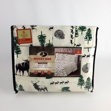 Mossy Oak King Sheet Set 6 Piece Moose Deer Trees Acorns Forest Theme Beige New