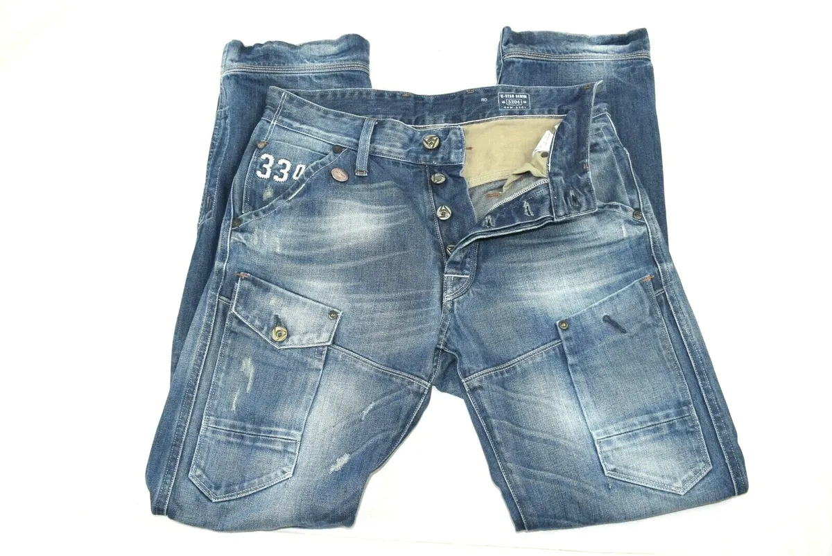 G-STAR ORIGINALS RAW DENIM 3301 Men's 30/34 Distressed Tapered 7 Pocket  Jeans