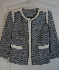 Classiques Entier Blazer Jacket Blue White Fringe Edge Tweed 3/4 Sleeve Size XS