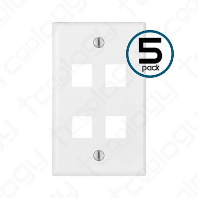 TCoology 4-Port Wall Plate Cover for Cat5e Cat6 Keystone RJ45 Jack  - 5 Pack Lot