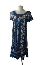 Jade Fashions Hawaiian Dress Sz L Blue White Floral Short Sleeve MuuMuu Vtg