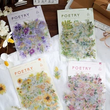 100Pcs Gold Foil Transparent Stickers Flowers Plants for Journaling Planners DIY