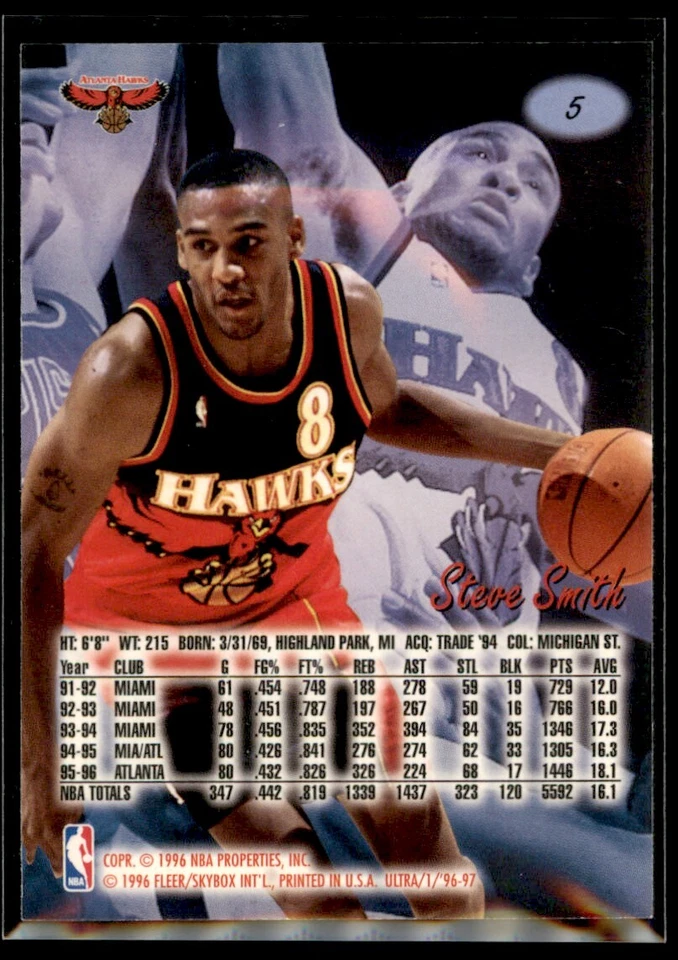 1996-97 Ultra Steve Smith Atlanta Hawks #5 - Image 2 of 2