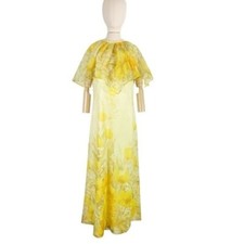 Vintage Ubranded Womens 1960s Floral Print Removable Cape Maxi Dress Size Large