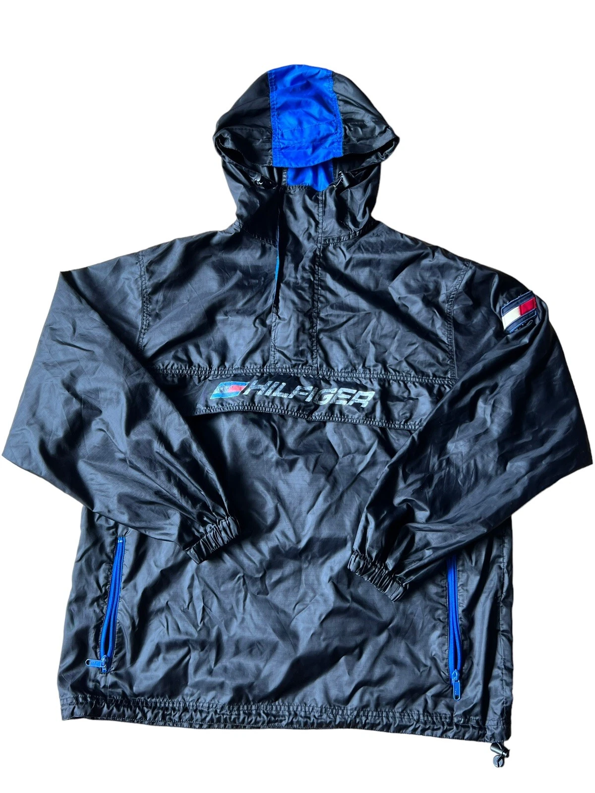 Vintage Tommy Hilfiger Mens Windbreaker Jacket Pullover Hooded 90s Black