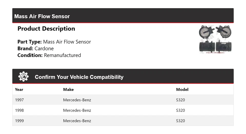 Sensor de flujo de aire de masa Cardone 1998 para Mercedes-Benz S320 1997-1999 Foto 2 de 4