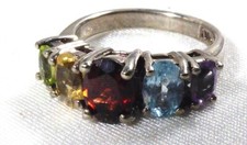 STERLING SILVER 925 OVAL CUT MULTI COLOR GEMSTONE RING TOPAZ GARNET AMETHYST
