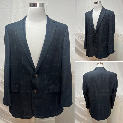 Haggar Men's 46L Navy Blue Houndstooth Brown Windowpane Plaid Blazer Jacket Coat - Picture 4 of 7