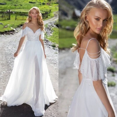 Brautkleid Hochzeitskleid V-Ausschnitt Leckage Zurück Weiß Ivory Maßgeschneidert - Bild 1 von 4