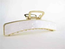 Long gold metal and pearl white marbled acrylic hair claw clip